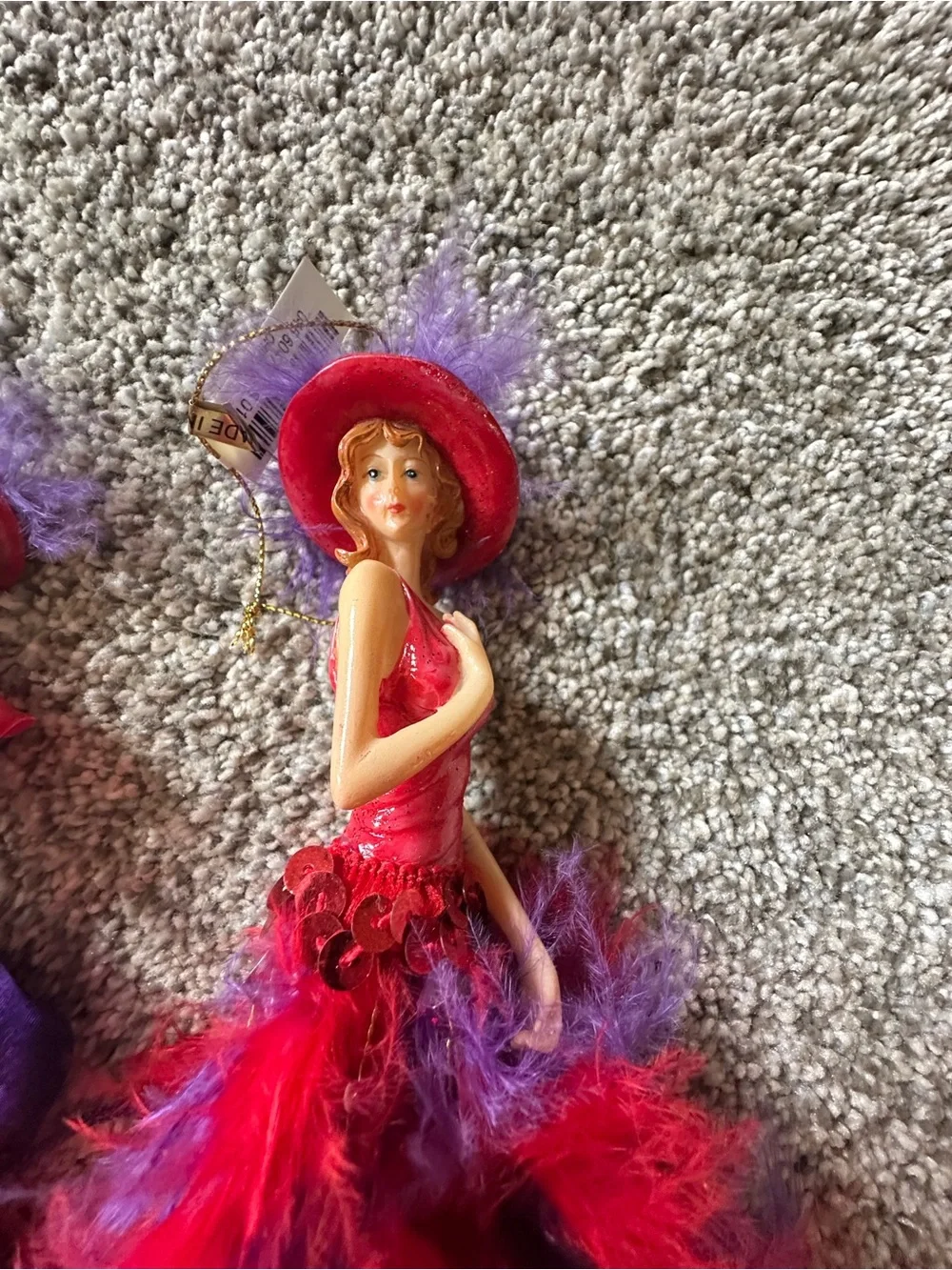 Red Hat Society Ornaments Red and Purple Feathered Doll Pair